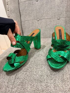 Veronica Beard Emerald Metallic Snakeskin Block Heel Sandals